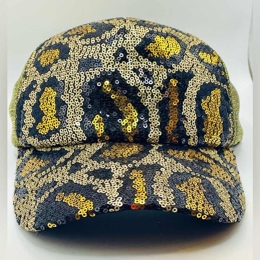 Sequin Leopard Animal Print Baseball Cap - Gold & Black. Adjustable back. Bling